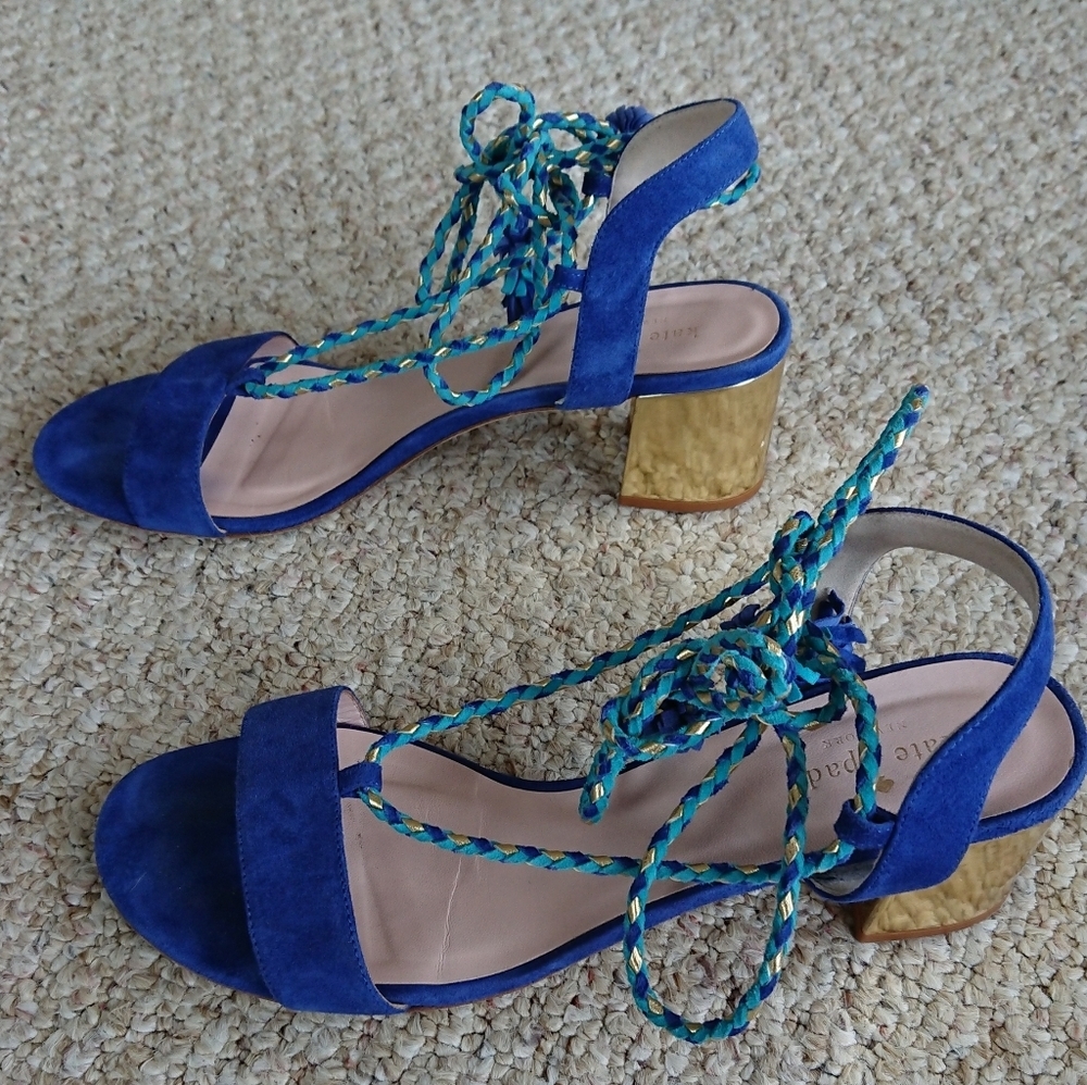 Kate Spade blue suede leather block heel sandals with tassel ties size 9.5